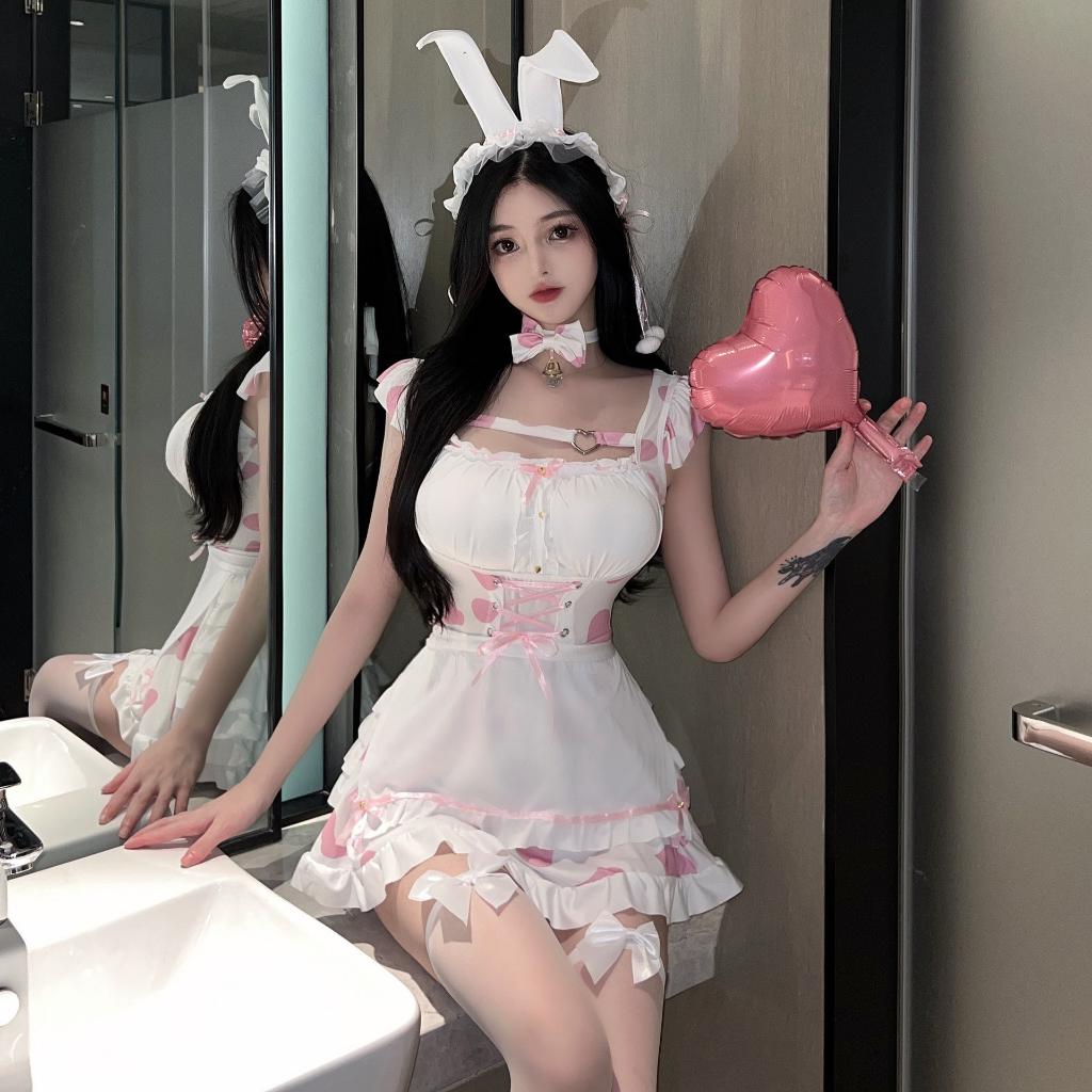 Trang phục cosplay bò sữa dễ thương chấm bi đen hồng cao cấp set bé thỏ bunny kèm phụ kiện sexy đáng yêu  N334