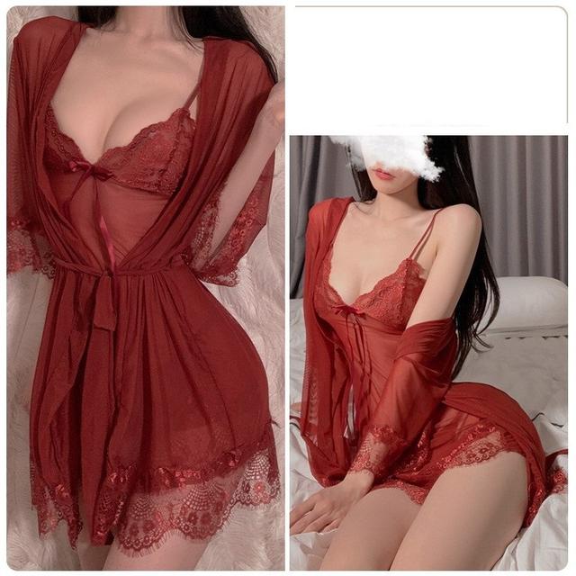 Áo choàng ngủ sexy dài tay kèm váy ren xuyên thấu gợi cảm set ngủ nữ mặc nhà tặng chip lọt khe quyến rũ  N115