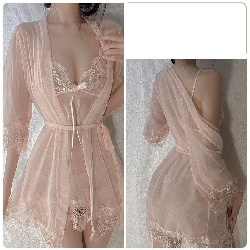 Áo choàng ngủ sexy dài tay kèm váy ren xuyên thấu gợi cảm set ngủ nữ mặc nhà tặng chip lọt khe quyến rũ  N115