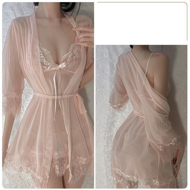 Áo choàng ngủ sexy dài tay kèm váy ren xuyên thấu gợi cảm set ngủ nữ mặc nhà tặng chip lọt khe quyến rũ  N115