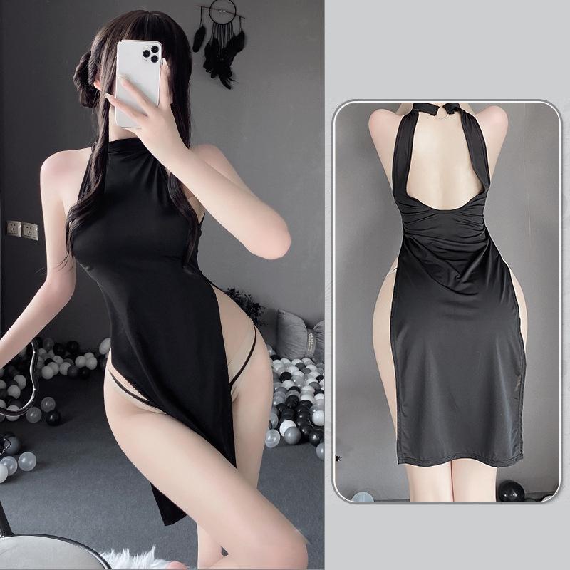 Váy ngủ sườn xám dài xẻ cao hông sexy gợi cảm đầm nữ hở lưng tặng quần chip lọt khe đen xám quyến rũ  N158