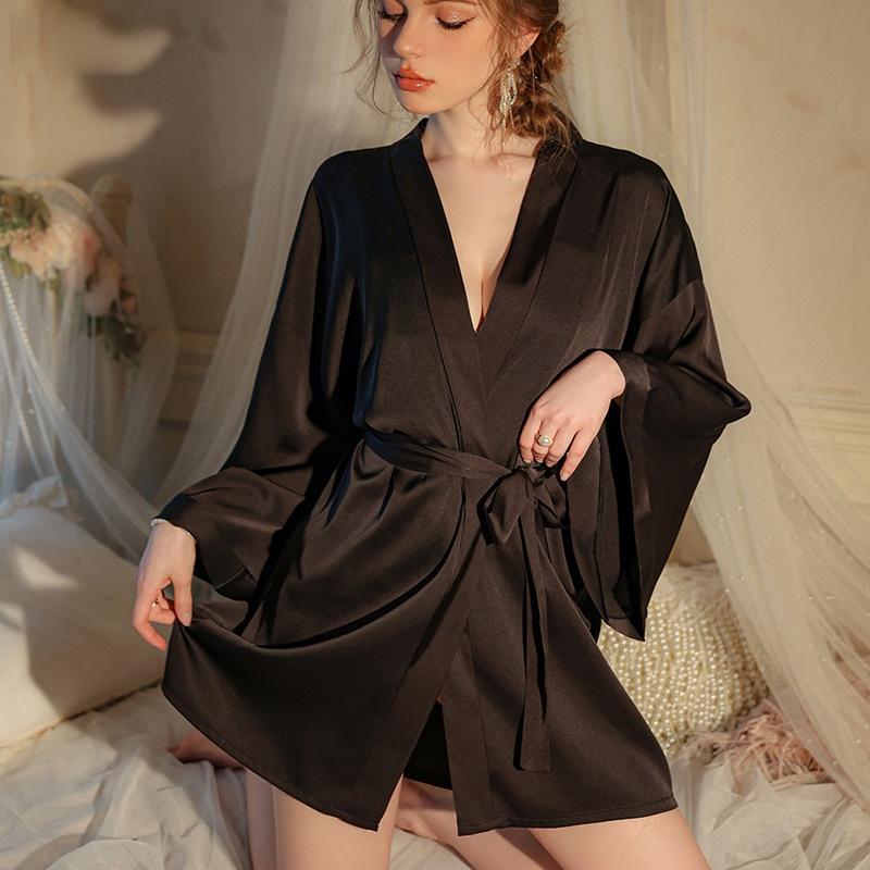 Áo choàng ngủ lụa tay dài cao cấp đen trắng đỏ sang trọng áo khoác ngoài nữ kèm dây cột sexy gợi cảm  N191