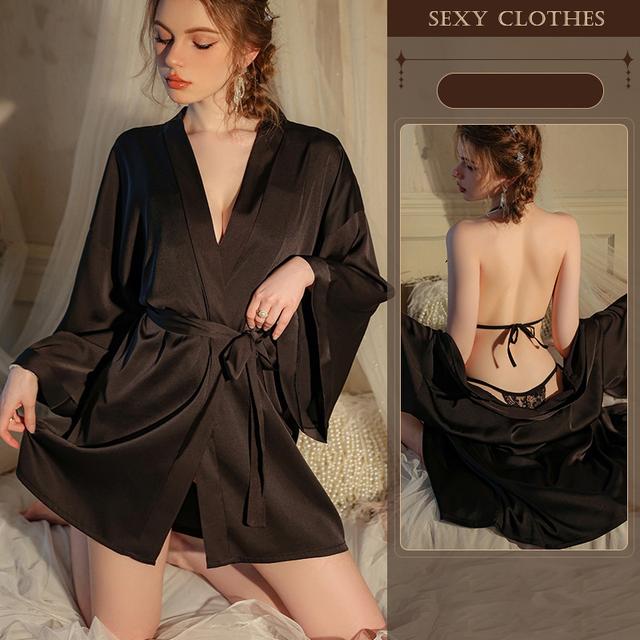 Áo choàng ngủ lụa tay dài cao cấp đen trắng đỏ sang trọng áo khoác ngoài nữ kèm dây cột sexy gợi cảm  N191