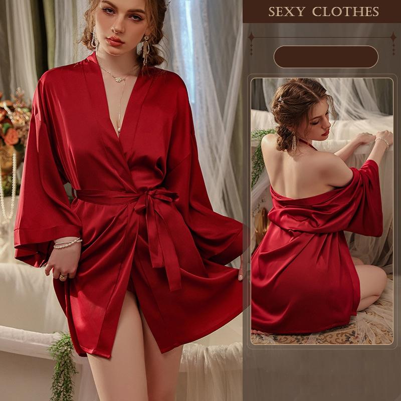 Áo choàng ngủ lụa tay dài cao cấp đen trắng đỏ sang trọng áo khoác ngoài nữ kèm dây cột sexy gợi cảm  N191