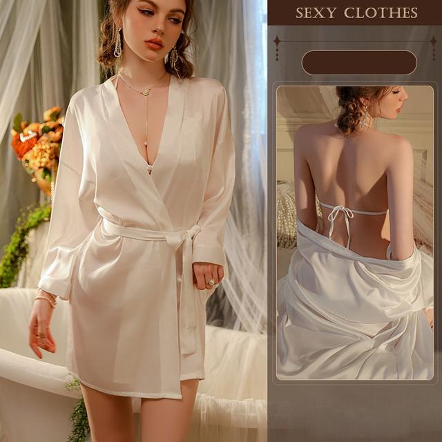 Áo choàng ngủ lụa tay dài cao cấp đen trắng đỏ sang trọng áo khoác ngoài nữ kèm dây cột sexy gợi cảm  N191
