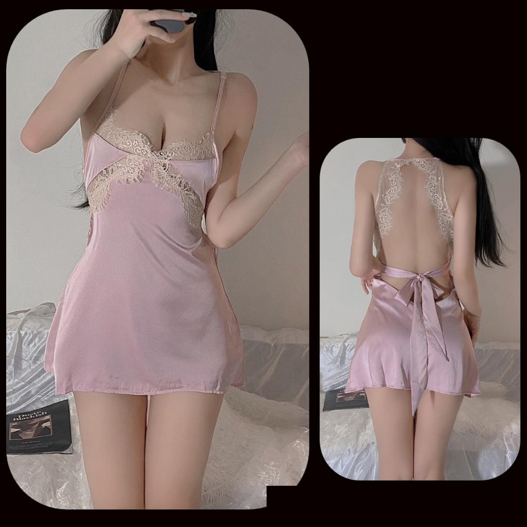 Váy ngủ lụa phối ren ngực gợi cảm bonita đầm hot girl mặc nhà cột dây lưng sexy tặng chip quyến rũ  N186  HCM