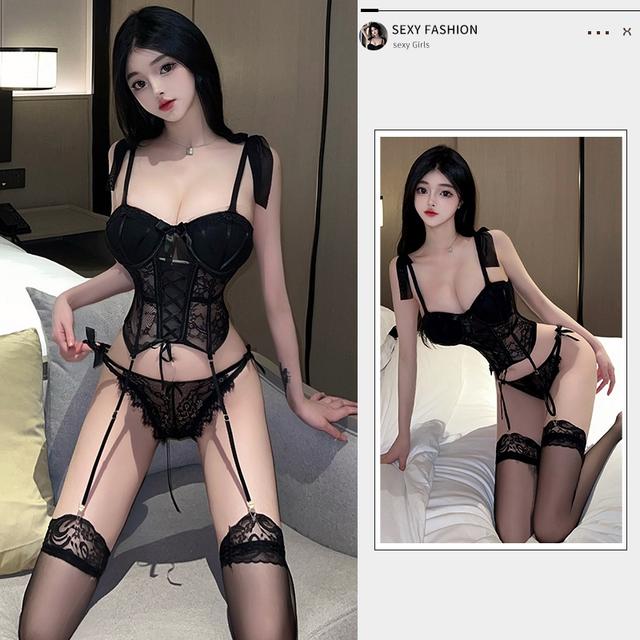 Set đồ lót nữ nâng ngực ren xuyên thấu gợi cảm kèm đai kẹp tất vớ quyến rũ áo corset nội y thanh lịch  N941