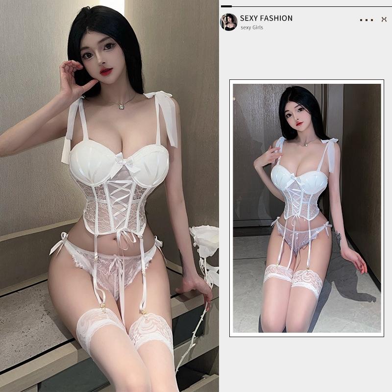 Set đồ lót nữ nâng ngực ren xuyên thấu gợi cảm kèm đai kẹp tất vớ quyến rũ áo corset nội y thanh lịch  N941
