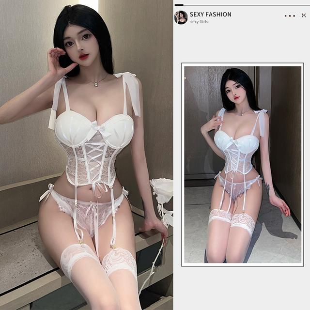 Set đồ lót nữ nâng ngực ren xuyên thấu gợi cảm kèm đai kẹp tất vớ quyến rũ áo corset nội y thanh lịch  N941