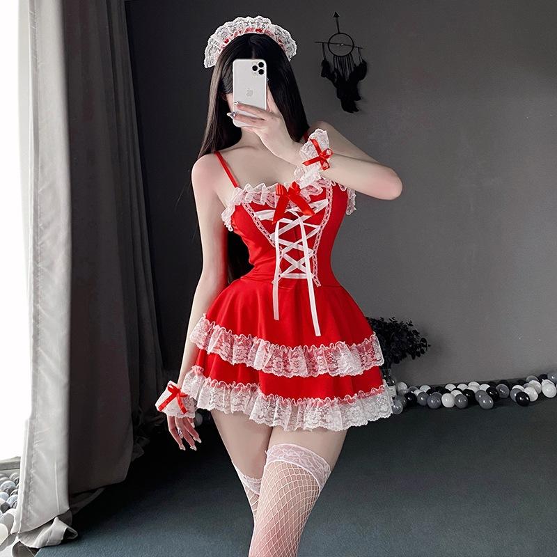 Trang phục giáng sinh valentine dễ thương cao cấp set đồ cô hầu gái anime đỏ phối ren sexy gợi cảm  N377  HCM