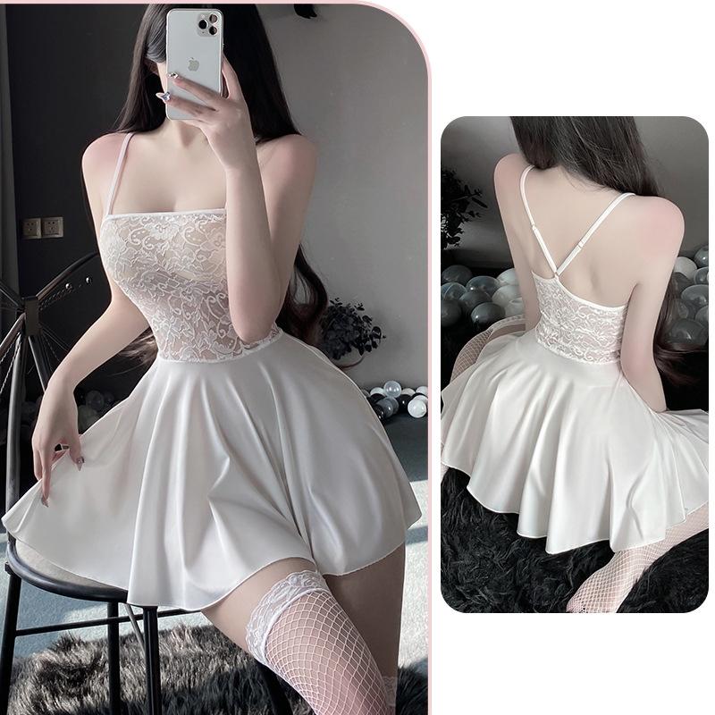 Váy ngủ sexy mặc nhà dáng xòe phối ren hoa gợi cảm dễ thương đầm 2 dây thun mềm mịn đen trắng quyến rũ  N230