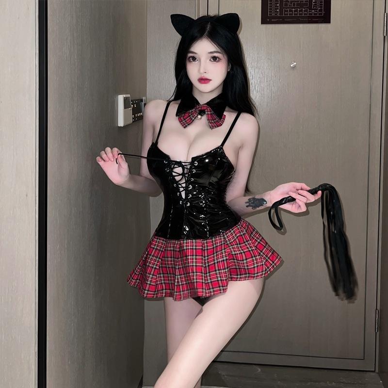 Đồ ngủ gợi cảm cosplay học sinh da PU váy sọc caro dễ thương thanh lịch set nữ sinh anime quyến rũ  N864  HCM
