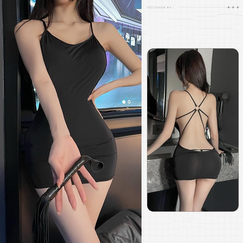 Đầm ngủ nữ ôm body tôn dáng hở lưng gợi cảm váy 2 dây đan chéo lưng đen xám tặng chip quyến rũ  N107