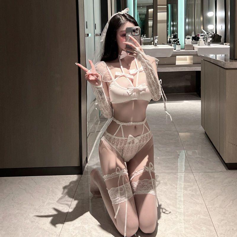 Đồ cosplay sexy cô dâu phối nơ đáng yêu set nội y ren kèm lúp voan găng tay đen trắng gợi cảm cao cấp  N746