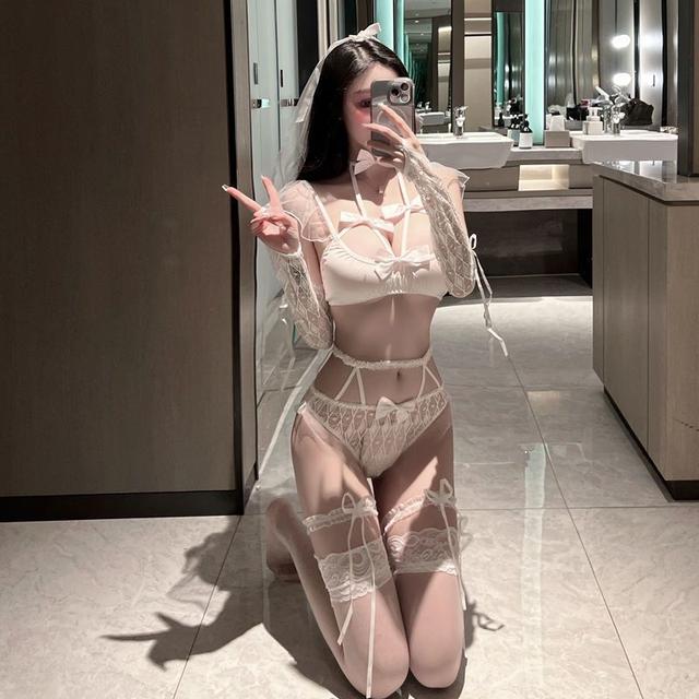 Đồ cosplay sexy cô dâu phối nơ đáng yêu set nội y ren kèm lúp voan găng tay đen trắng gợi cảm cao cấp  N746
