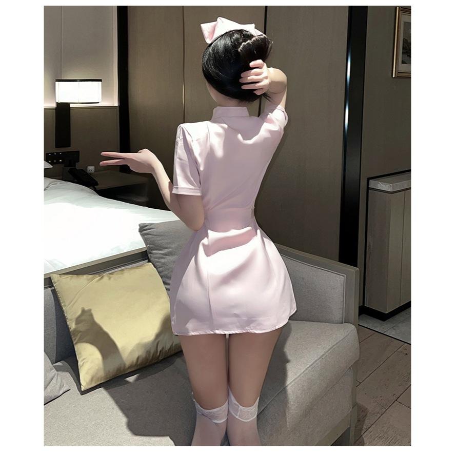 Đồ ngủ gợi cảm cosplay y tá trắng hồng nút sơ mi kèm nón cao cấp váy bác sĩ có đai lưng sexy quyến rũ  N353
