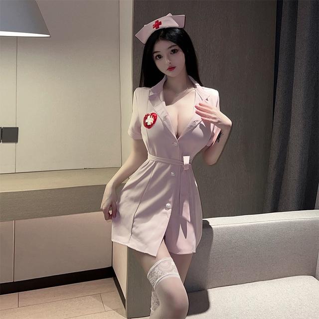 Đồ ngủ gợi cảm cosplay y tá trắng hồng nút sơ mi kèm nón cao cấp váy bác sĩ có đai lưng sexy quyến rũ  N353