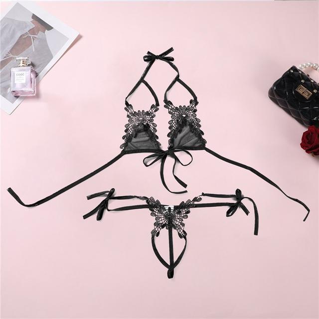 Bộ đồ lót gợi cảm ren xuyên thấu phối hoa mềm mịn siêu xinh set nội y nữ buộc dây đen đỏ trắng quyến rũ  T311