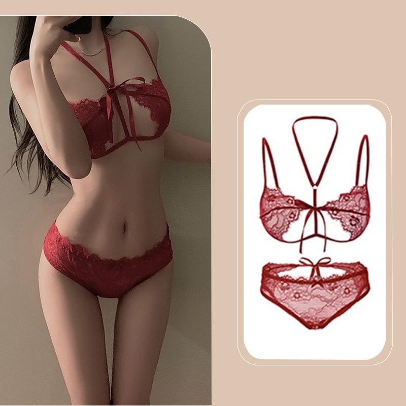 Đồ lót nữ ren xuyên thấu hở ngực gợi cảm thanh lịch set nội y cột dây không gọng đen đỏ trắng quyến rũ  T356