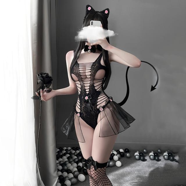Đồ cosplay mèo hư hỏng có đuôi xuyên thấu gợi cảm đáng yêu bodystocking 1 mảnh miêu nữ đen dễ thương  N739
