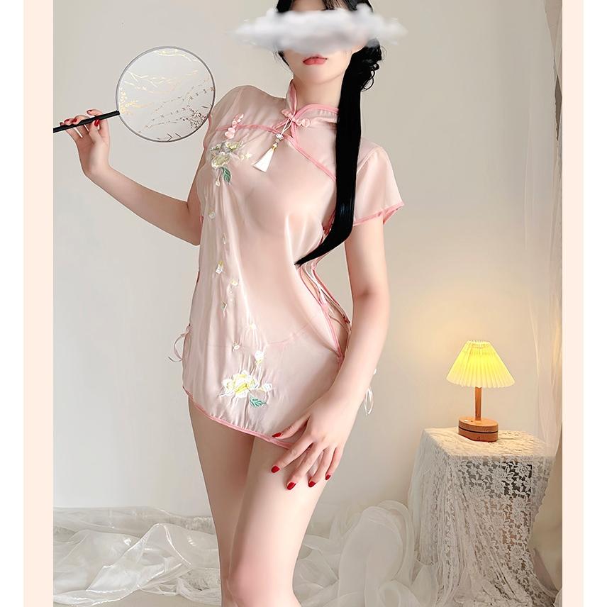 Sườn xám cách tân xuyên thấu đan dây hông gợi cảm đồ cosplay cổ trang Hanfu thêu hoa quyến rũ  N383