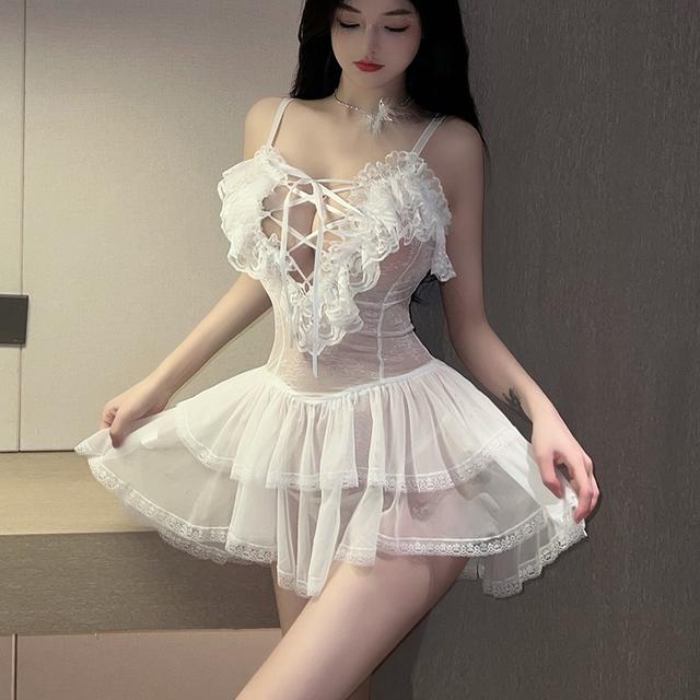 Váy ngủ 2 dây sexy ren tầng xuyên thấu cao cấp gợi cảm đầm tiểu thư công chúa trắng đen hở ngực quyến rũ  N146