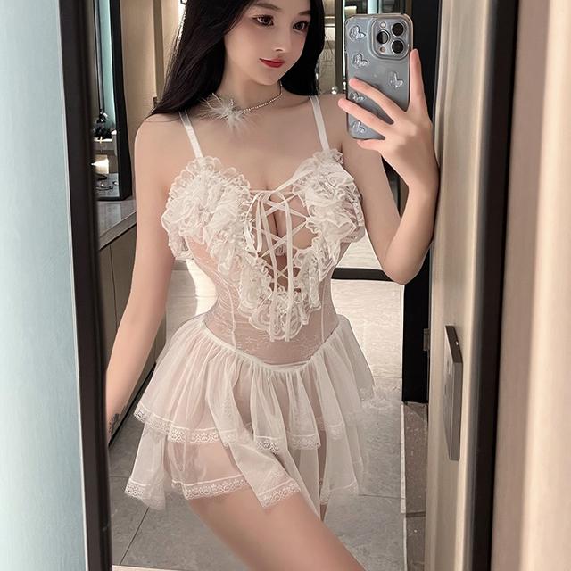 Váy ngủ 2 dây sexy ren tầng xuyên thấu cao cấp gợi cảm đầm tiểu thư công chúa trắng đen hở ngực quyến rũ  N146