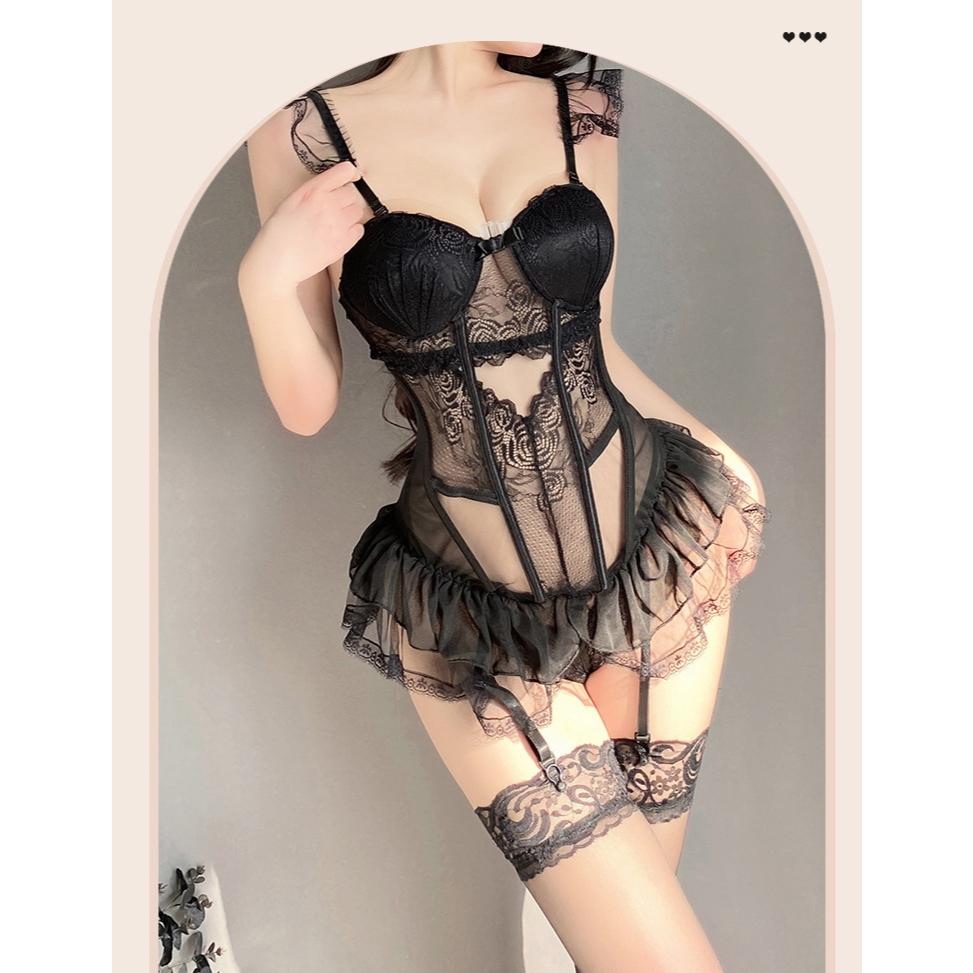 Đồ lót sexy ren có gọng nâng ngực kèm garter nịt tất gợi cảm cao cấp áo corset có đệm lót tôn dáng quyến rũ BIKI N805