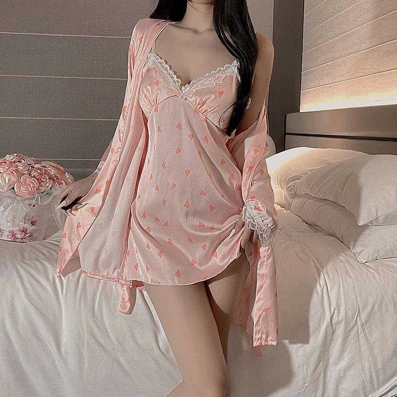 Váy ngủ lụa sexy họa tiết trái tim siêu xinh cao cấp đầm ngu nữ 2 dây mặc nhà phối ren gợi cảm  N206