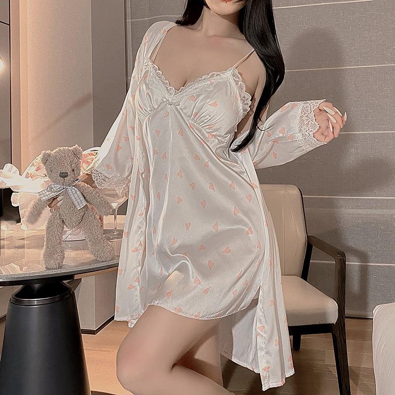 Váy ngủ lụa sexy họa tiết trái tim siêu xinh cao cấp đầm ngu nữ 2 dây mặc nhà phối ren gợi cảm  N206