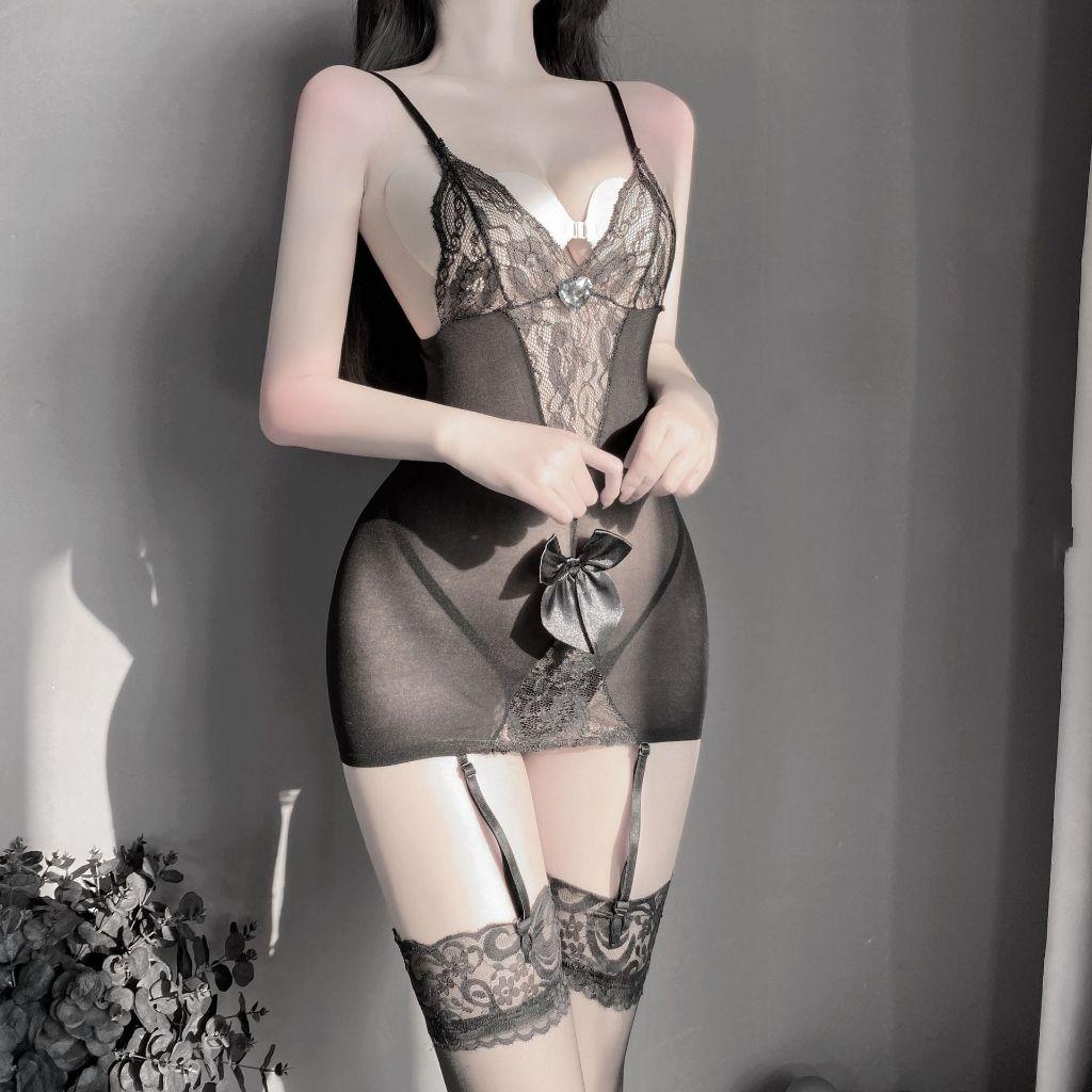 Váy ngủ ôm body phối ren xuyên thấu kèm đai garter nịt tất gợi cảm set đồ lót nữ garters kẹp vớ quyến rũ  N806