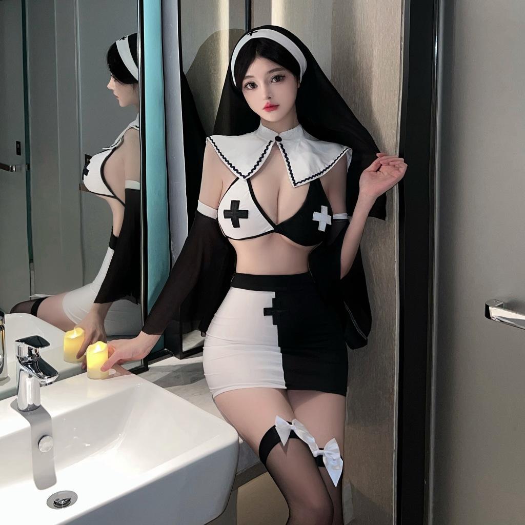 Cosplay nữ tu sĩ ôm body tôn dáng xẻ ngực gợi cảm set ngủ hóa trang ma sơ valak halloween cao cấp quyến rũ BIKI N897