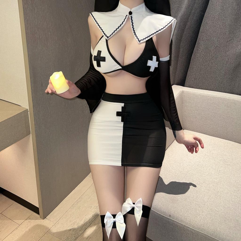 Cosplay nữ tu sĩ ôm body tôn dáng xẻ ngực gợi cảm set ngủ hóa trang ma sơ valak halloween cao cấp quyến rũ BIKI N897