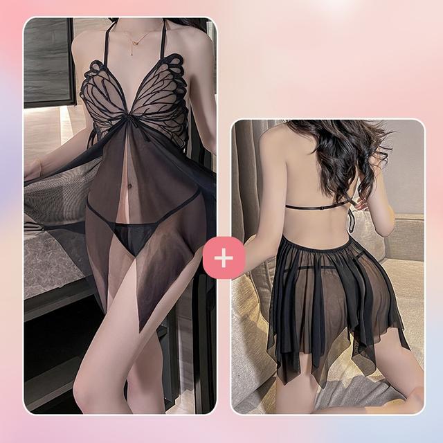 Đầm ngủ ren xuyên thấu họa tiết cánh bướm siêu xinh gợi cảm váy ngu nữ 2 dây cổ yếm xẻ tà quyến rũ  N214  HCM