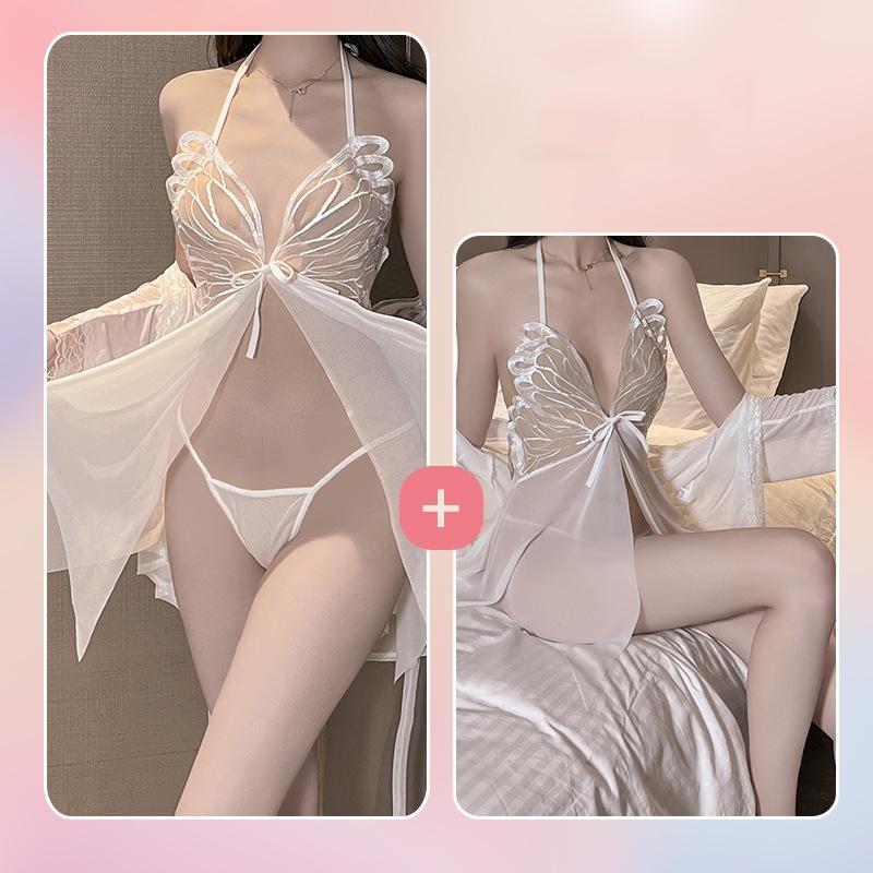 Đầm ngủ ren xuyên thấu họa tiết cánh bướm siêu xinh gợi cảm váy ngu nữ 2 dây cổ yếm xẻ tà quyến rũ  N214  HCM