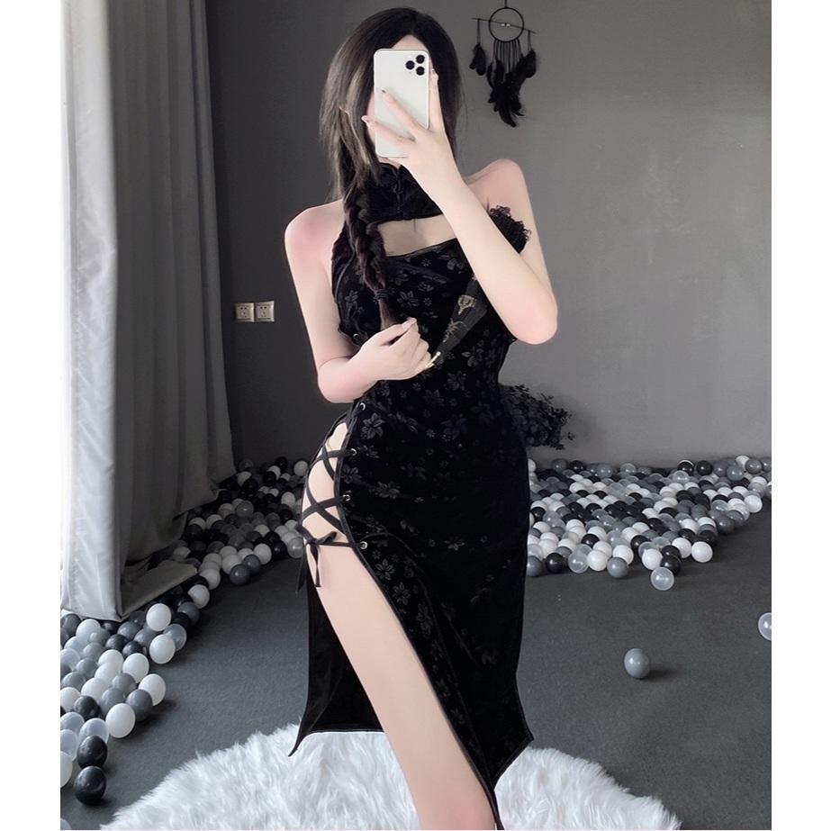 Váy sườn xám đan dây hông sexy nhung họa tiết hoa mềm mịn gợi cảm đồ ngủ cosplay cổ trang xẻ tà quyến rũ  N785