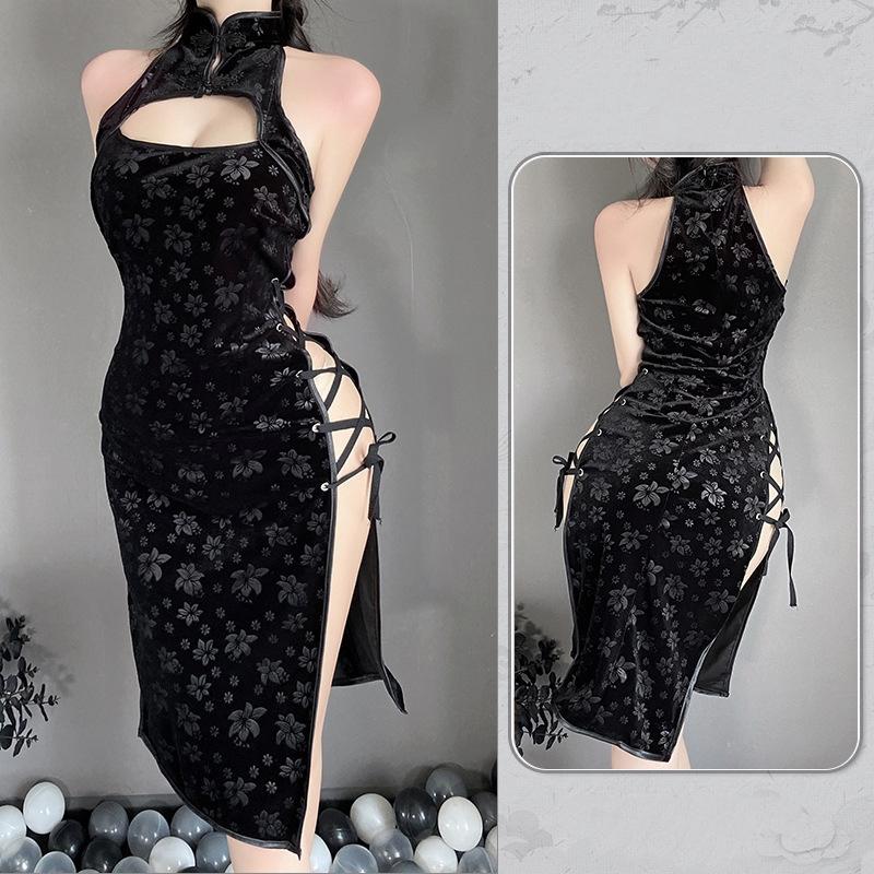 Váy sườn xám đan dây hông sexy nhung họa tiết hoa mềm mịn gợi cảm đồ ngủ cosplay cổ trang xẻ tà quyến rũ  N785