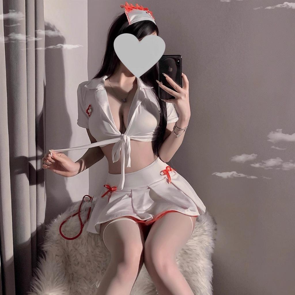 Bộ đồ hóa trang nữ y tá xẻ ngực gợi cảm dễ thương set ngủ cosplay bác sĩ dáng xòe viền ren xinh quyến rũ  N751