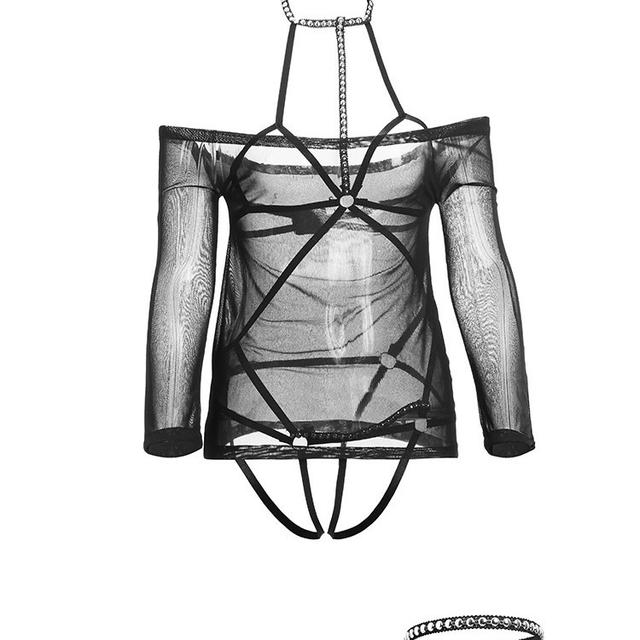 Đồ ngủ ren xuyên thấu kèm đồ lót dây đính đá siêu xinh quyến rũ váy ôm body dài tay trơn đen gợi cảm  N228