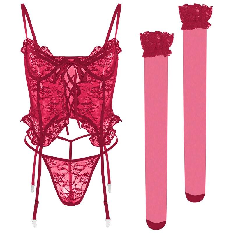 Đồ lót ren xuyên thấu kèm đại garter nịt tất gợi cảm cuốn hút set lingerie phong cách quyến rũ lãng mạng  N815