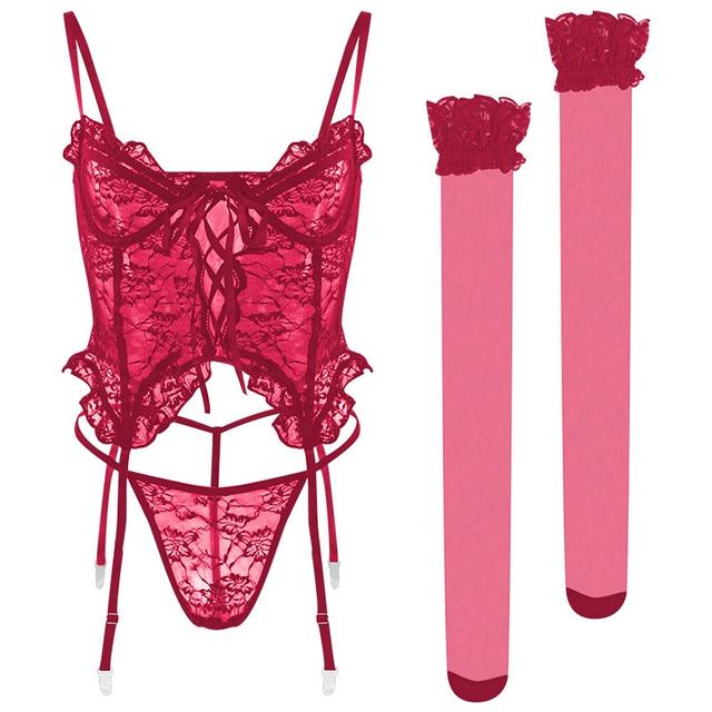 Đồ lót ren xuyên thấu kèm đại garter nịt tất gợi cảm cuốn hút set lingerie phong cách quyến rũ lãng mạng  N815
