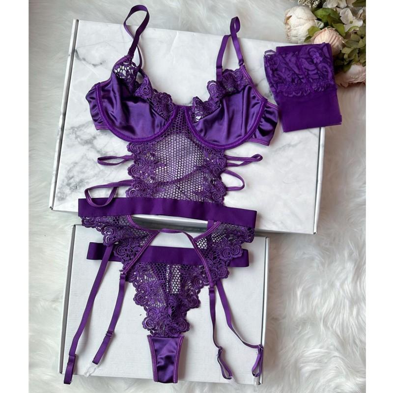 Đồ lót ren lưới phối hoa kèm đai garter nịt tất quyến rũ sang chảnh set lingerie tím thanh lịch gợi cảm  N817