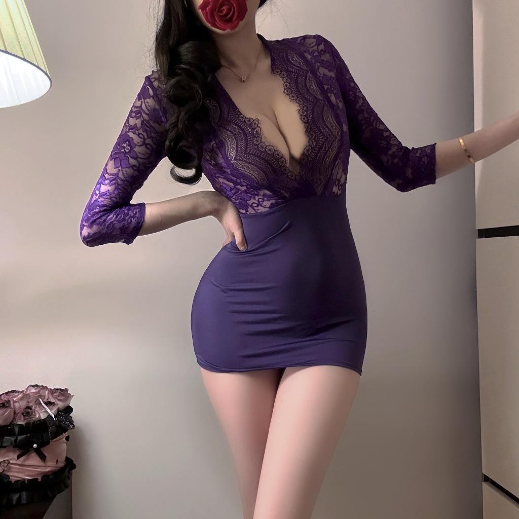 CÓ BIG SIZE / Cosplay thư ký xẻ ngực ren hoa xuyên thấu sexy gợi cảm váy ngủ nữ ôm body dài tay quyến rũ  N718