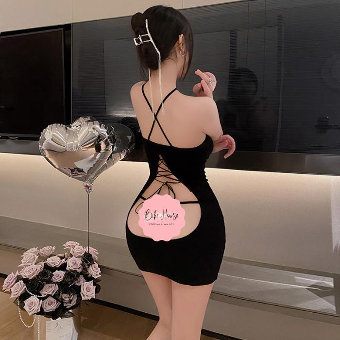 Váy ngủ đan dây lưng sexy ôm body gợi cảm đầm 2 dây tặng quần lót lọt khe dây đen ghi quyến rũ  N117