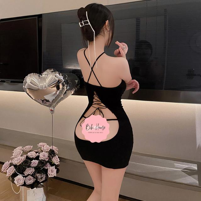 Váy ngủ đan dây lưng sexy ôm body gợi cảm đầm 2 dây tặng quần lót lọt khe dây đen ghi quyến rũ  N117