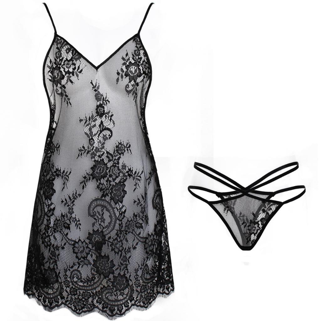Váy ngủ sexy 2 dây ren xuyến thấu họa tiết hoa gợi cảm đầm ngủ nữ dáng dài hở lưng đen đỏ trắng quyến rũ  N102