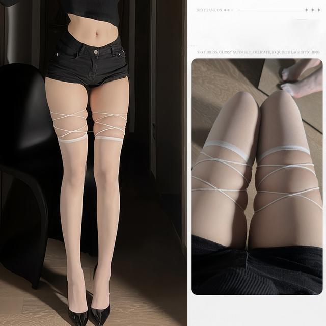 Tất đùi nữ đan dây chéo siêu xinh gợi cảm vớ phối đồ cosplay mỏng thon chân đen đỏ trắng quyến rũ  T924  HCM