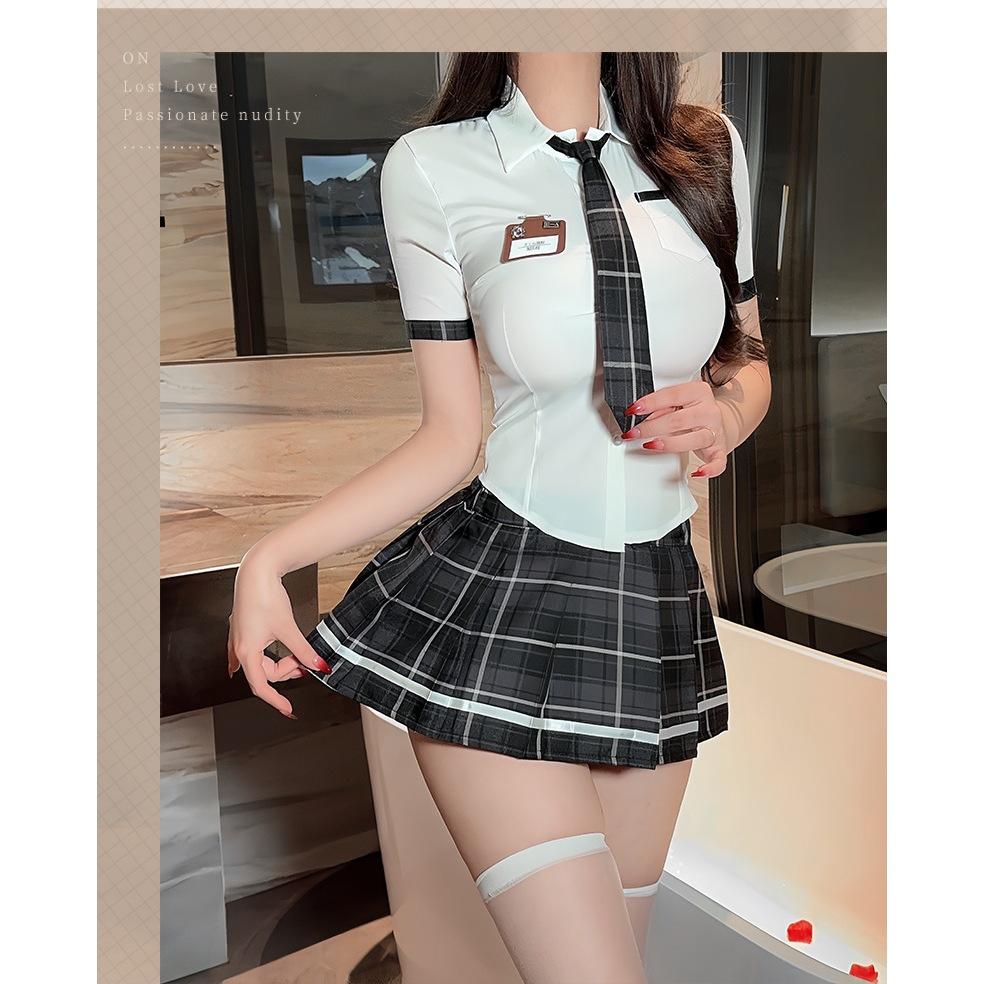 Cosplay nữ sinh hồng có bảng tên kèm cà vạt cao cấp trang phục hóa trang học sinh sọc ca rô dễ thương  N360