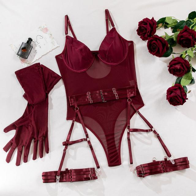Đồ lót liền thân gợi cảm có gọng phối đai garter sexy cao cấp bodysuit ren kèm găng tay đen đỏ quyến rũ  N809