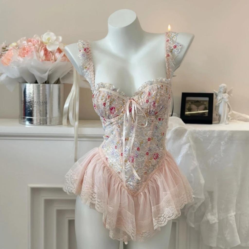 Váy ngủ sexy cánh tiên ren hoa có gọng kèm garter nịt tất gợi cảm sang chảnh áo corset định hình dáng xoè quyến rũ N820
